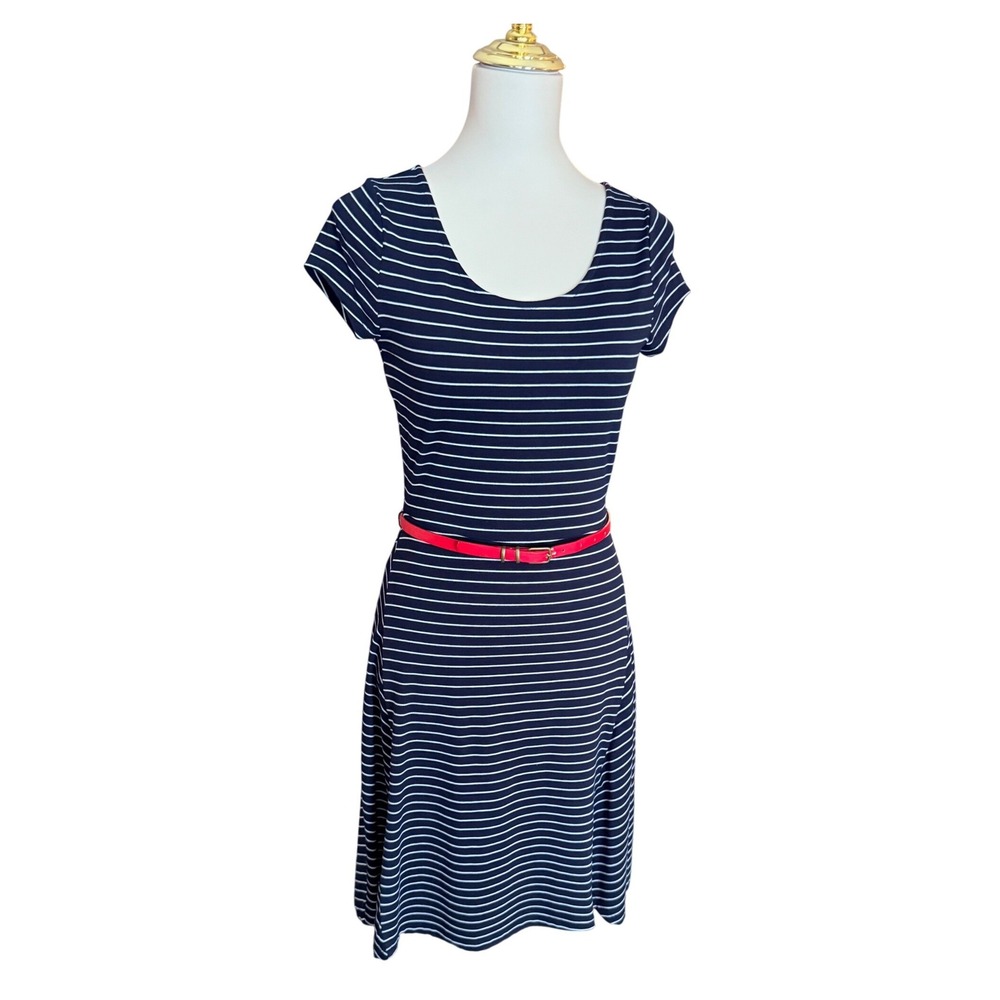 Outback Red Womens XS Navy White Striped Belted Fit and Flare Dress Red Zip